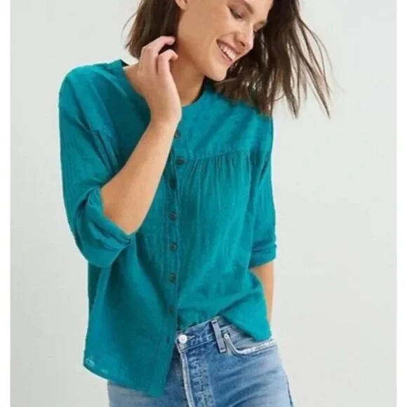 Pilcro By Anthropology Button Up Shirt Small Long Sleeves Green Top Swiss Dot - Picture 1 of 13